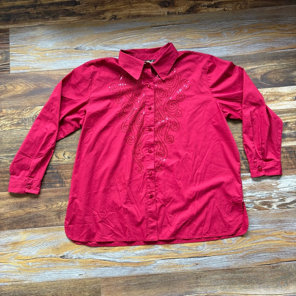 Bob Mackie Wearable Art Red Button Down Sequin Western Top Size XL